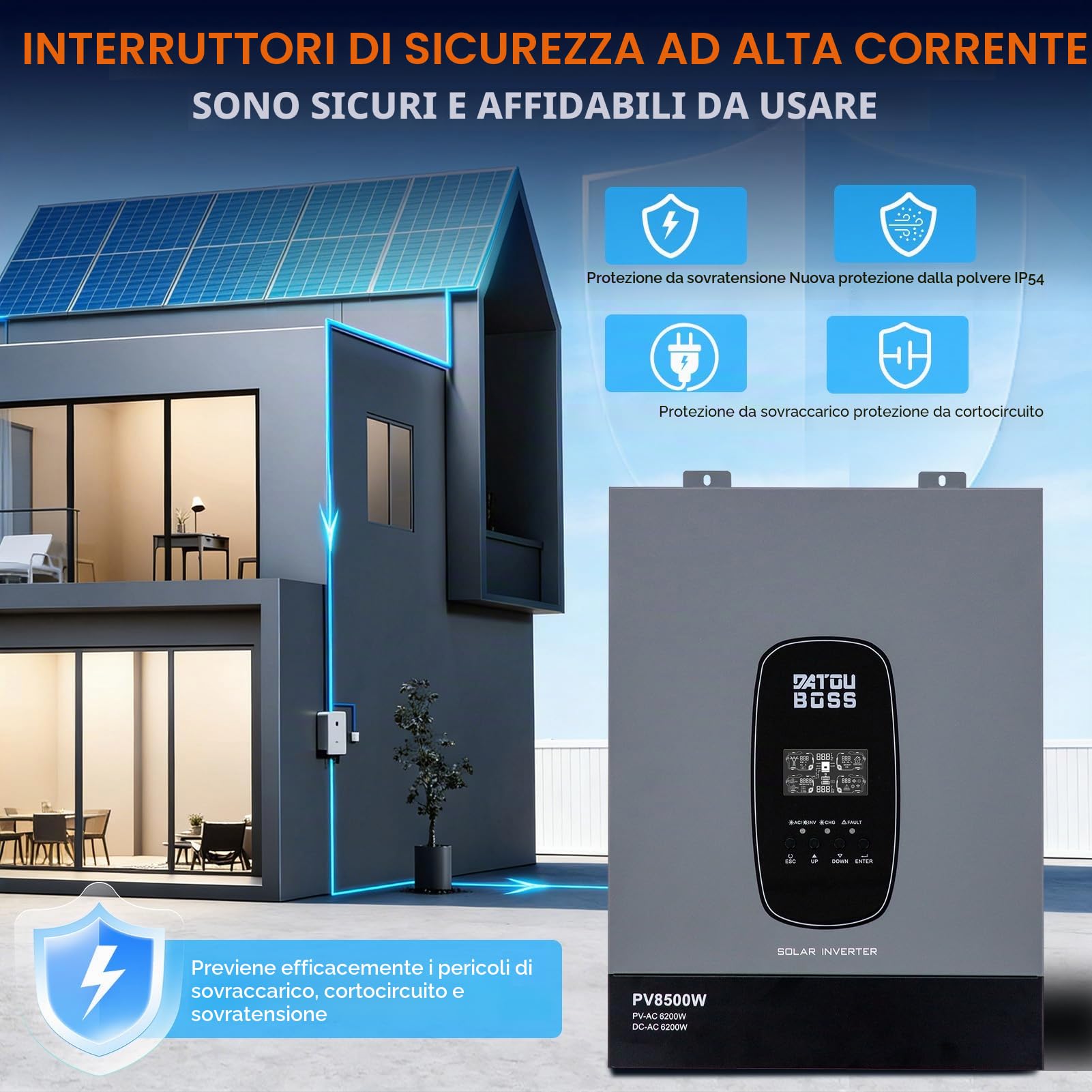 DATOUBOSS Inverter Ibrido Solare 6200W 48V, MPPT 120A, Onda Sinusoidale Pura, Entrée PV 8500W, Senza Batteria, per Impianto Fotovoltaico Casa, Camper, Backup Energia
