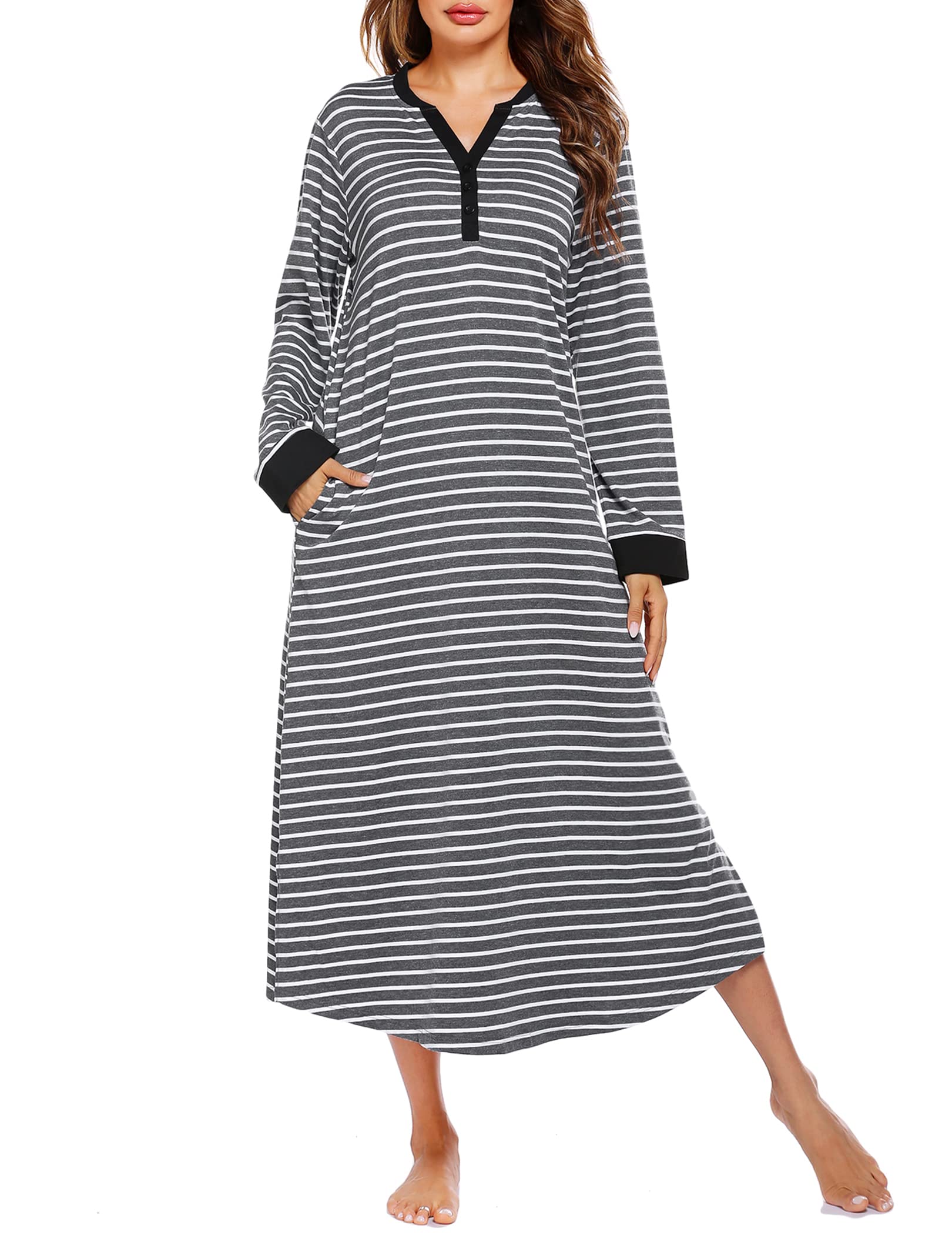 Ekouaer Nightgowns for Women Long Sleeve Winter Night Gown with Pockets | Long Nightgown Plus Size Lounge Dress Button Down Sleepshirts V Neck Night Shirt Warm Sleepwear Full Length Loungewear