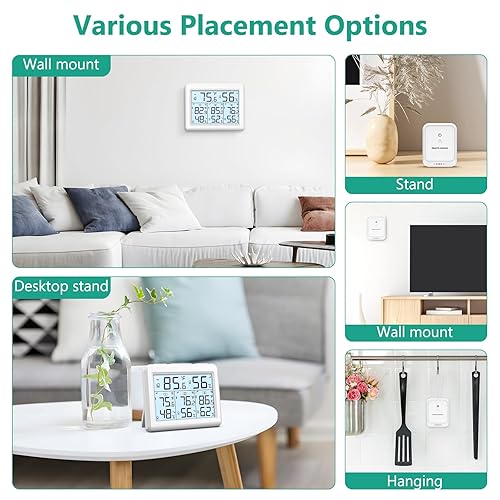 Miniatura 7 de ORIA Higrómetro digital para interiores y exteriores, monitor de humedad de temperatura inalámbrico mejorado con 3 sensores, termómetro higrómetro