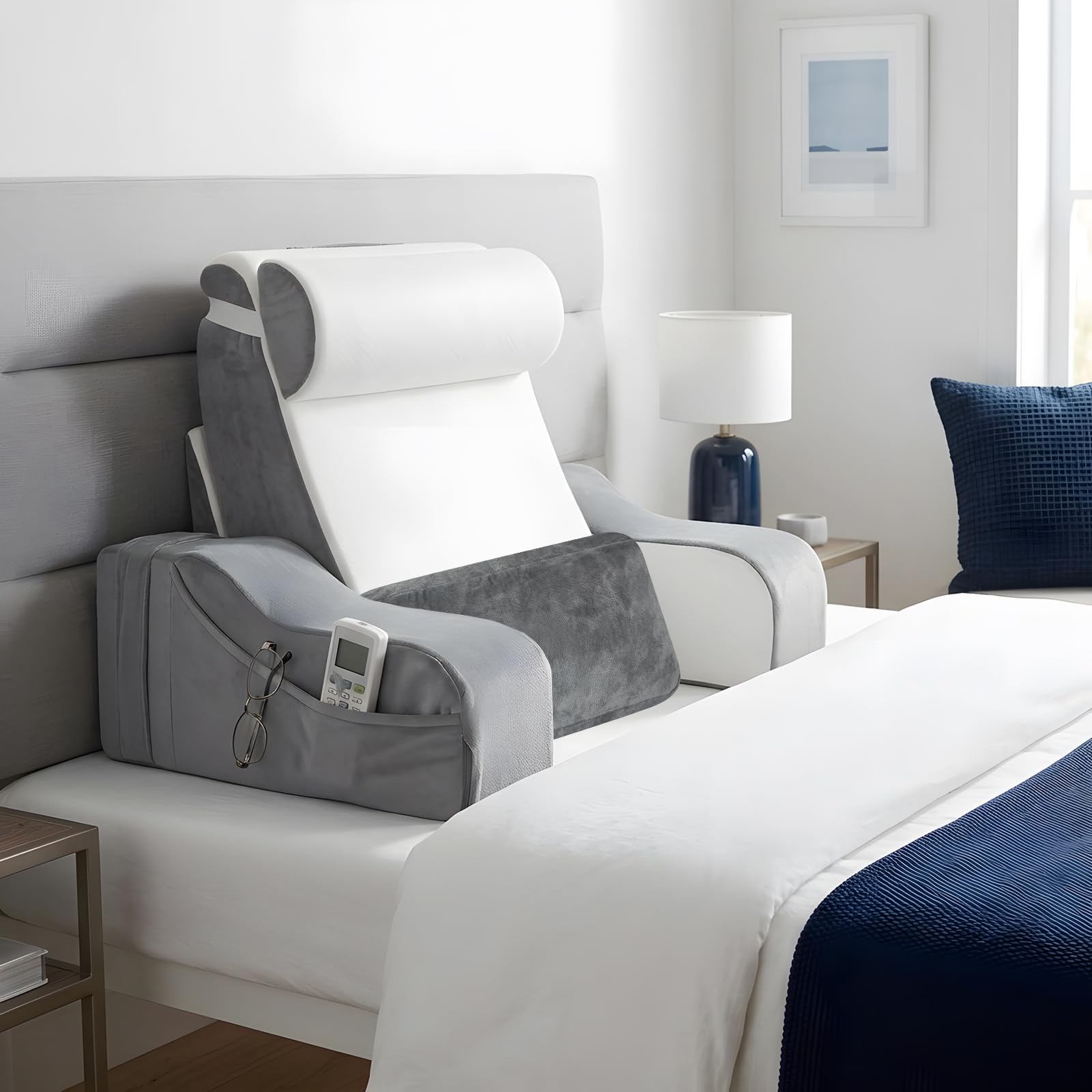 Lesekissen für Bett und Sofa, 30°/45°/ 90° Anpassung Rückenkissen mit Abnehmbarer Nackenrolle & Armlehnen, Bettkissen Rückenlehne, Rückenkissen Sofa zum Sitzen im Bett, Sofa, Lesen, Fernsehen