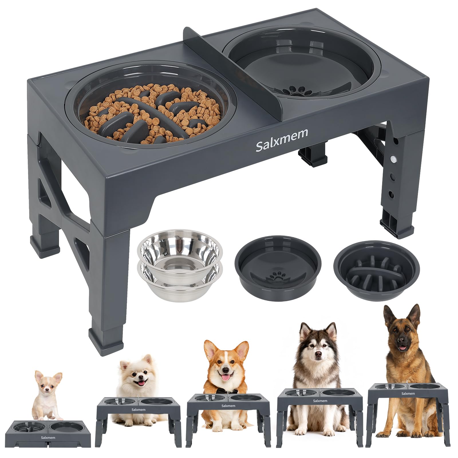 Salxmem Raised Dog Bowl, Upgraded Elevated Dog Bowls with Stand, Slow Feeder, Non Spill Slow Water & 2 Stainless Steel Bowls, 5 Heights Adjusts to 8cm/22cm/25cm/28cm/31cm for Large Medium Small Dogs