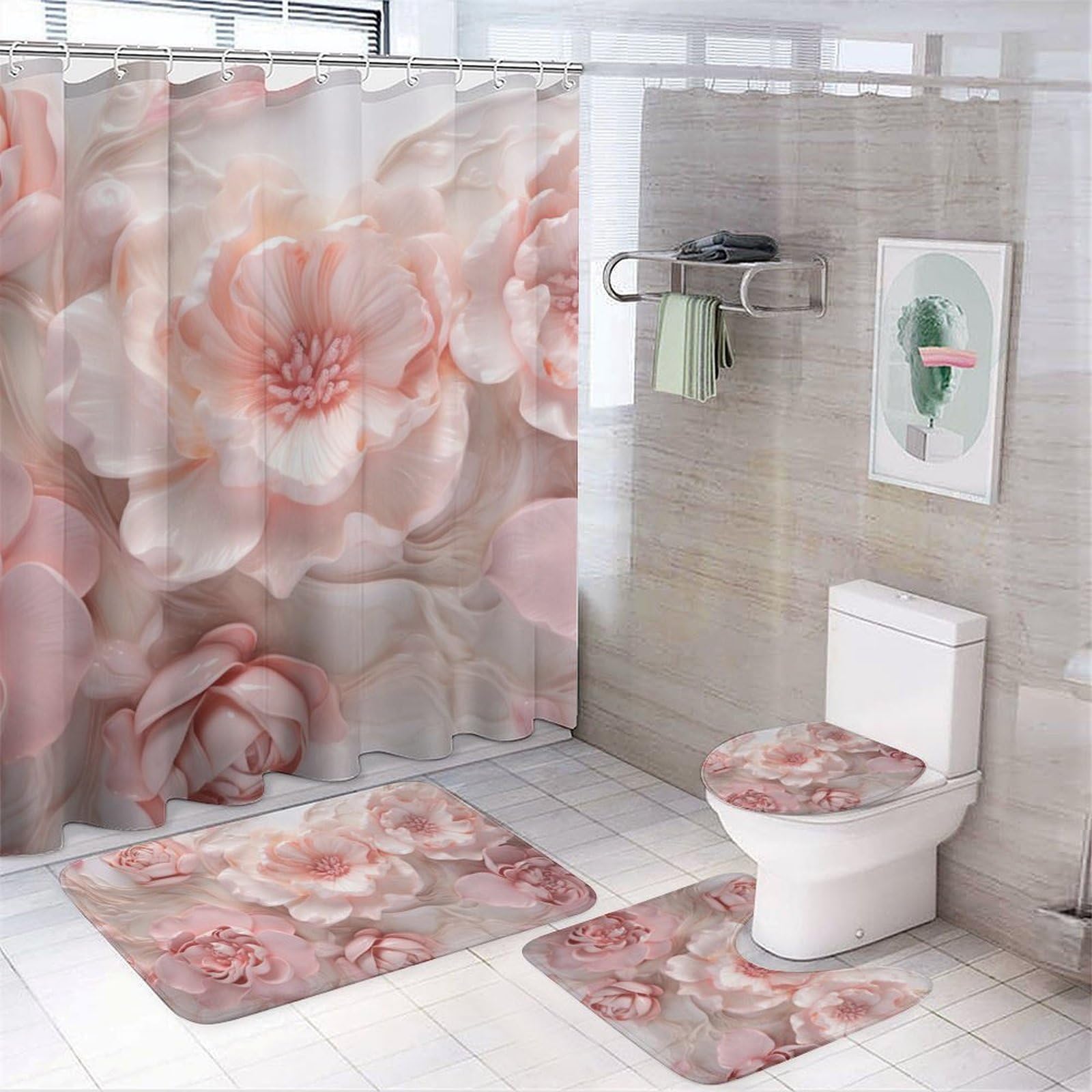 Dunmat Fantasy Roses Shower Curtain 4 Piece Sets with Non-Slip Rugs,Toilet Lid Cover and Bath Mat Colorful Romantic Flowers Waterproof Shower Curtain