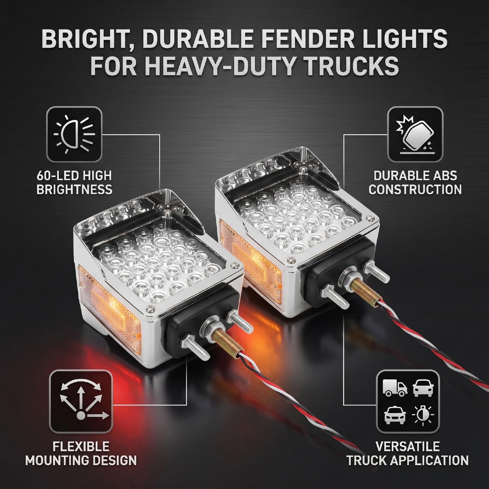 Fydun 60 LED Kwadratowe Dwustronne światło na Słupku Błotnika Czerwone Bursztynowe Stop Kierunkowskaz Tylne światło z obudową ze Stopu ABS Zamiennik do Peterbilt, Ciężarówki, Przyczepy