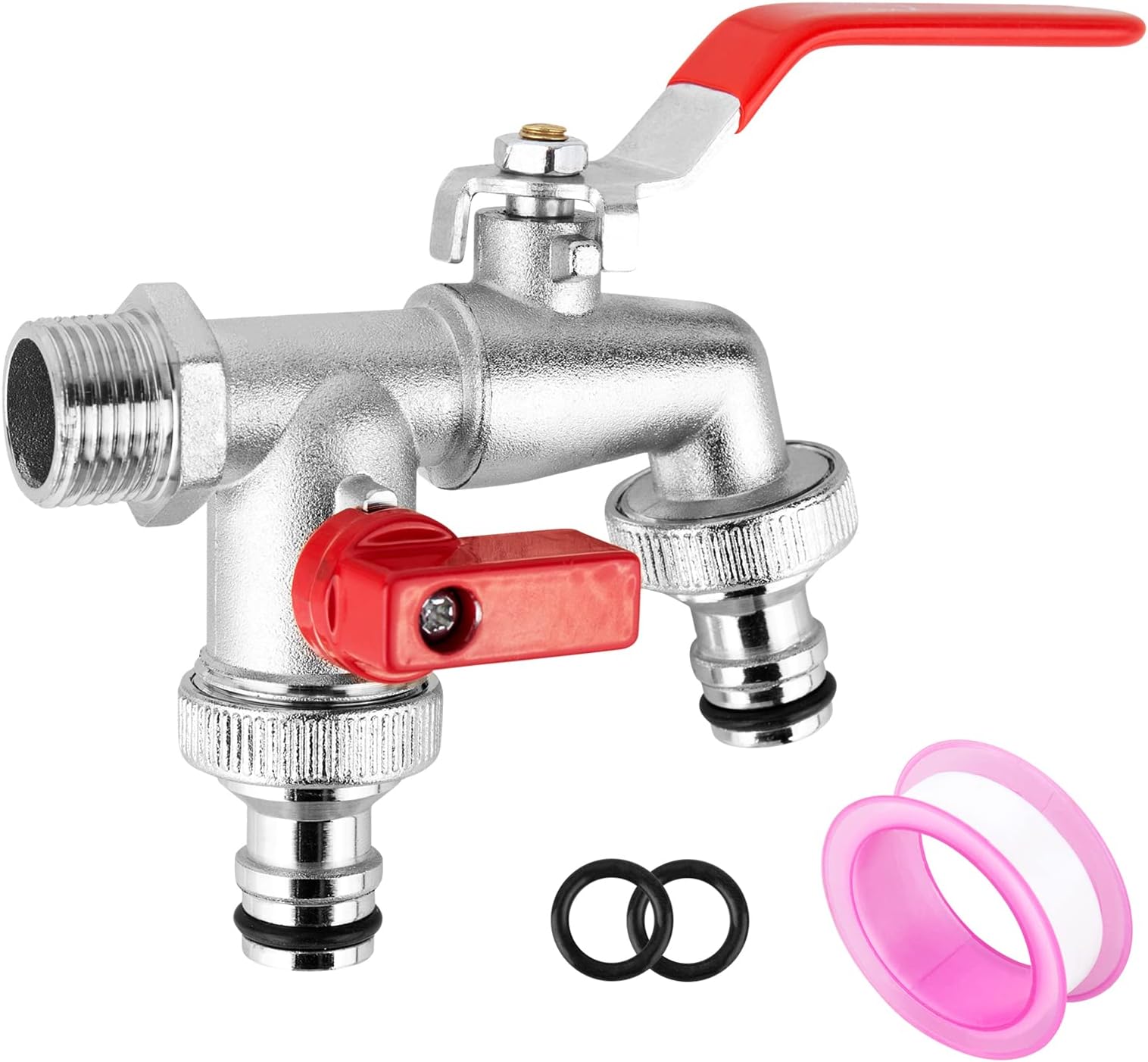 Double Garden Tap 2 Inch Brass Double Water Tap, Rust and Frost Resistant + 2 Hose Connectors Brass Water Faucet Outside Tap for Garden, Washing Machine, Rain Barrel