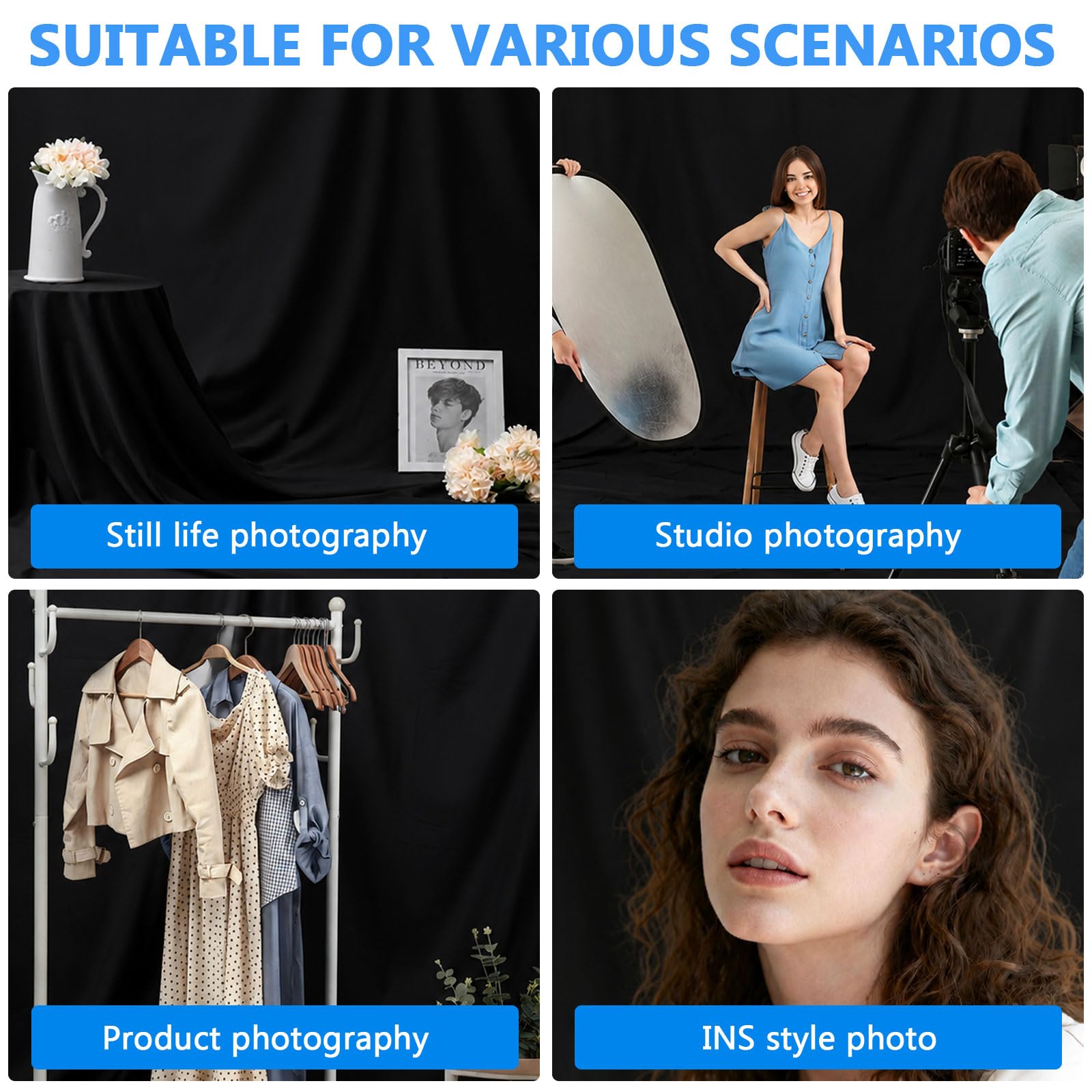 Sfondo fotografico bianco, 3 x 3 m, pieghevole, in poliestere, lavabile, per studio fotografico, riprese fotografiche, video, TV, fotografia alla moda (nero, 3 x 6 m)