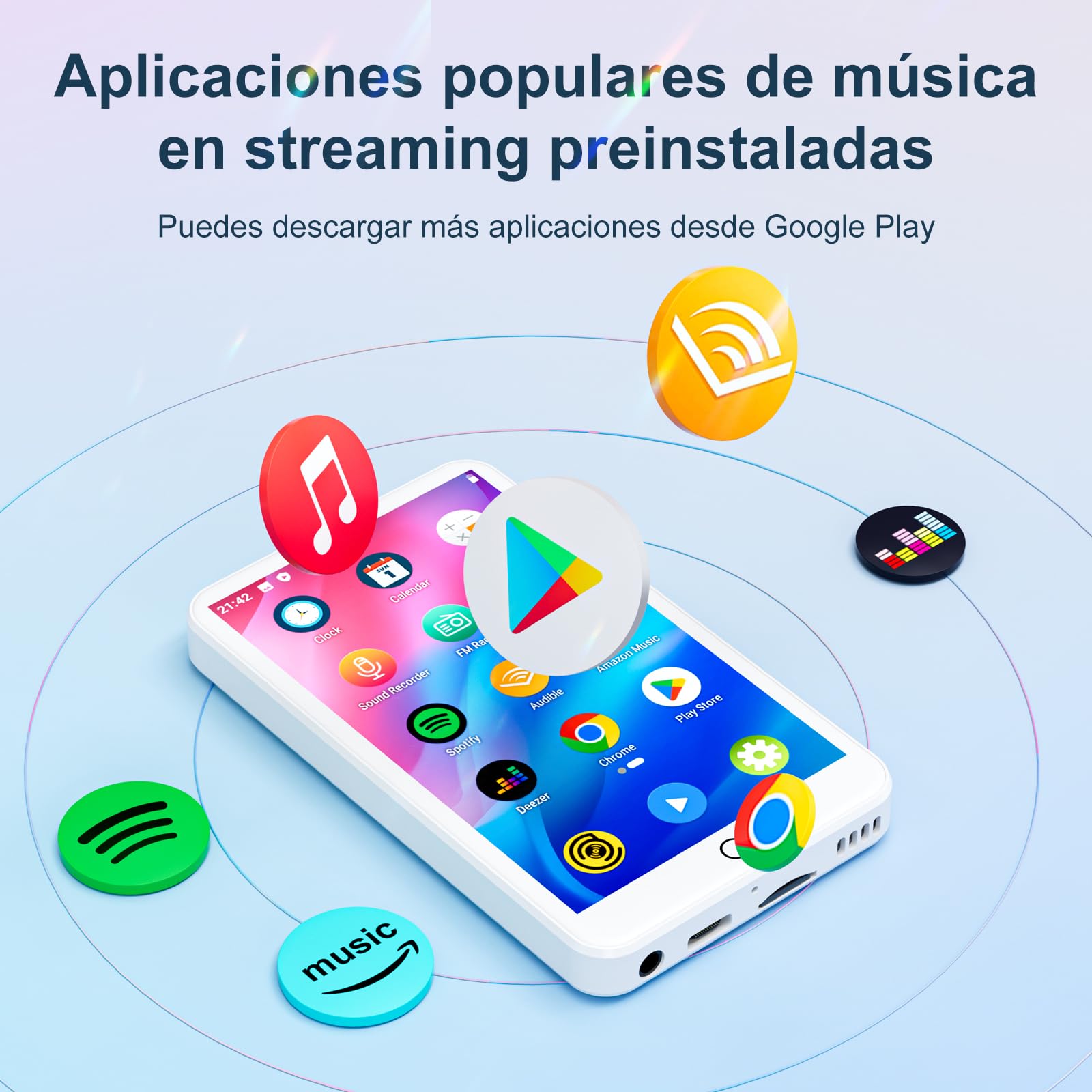 MECHEN Reproductor MP3 con Bluetooth y WiFi,4” Pantalla Android 9.0, Compatible con Amazon Musik, Deezer, Spotify y Audible para Niños, Incluye Radio FM y Grabadora, 512GB Ampliable (Blanco)