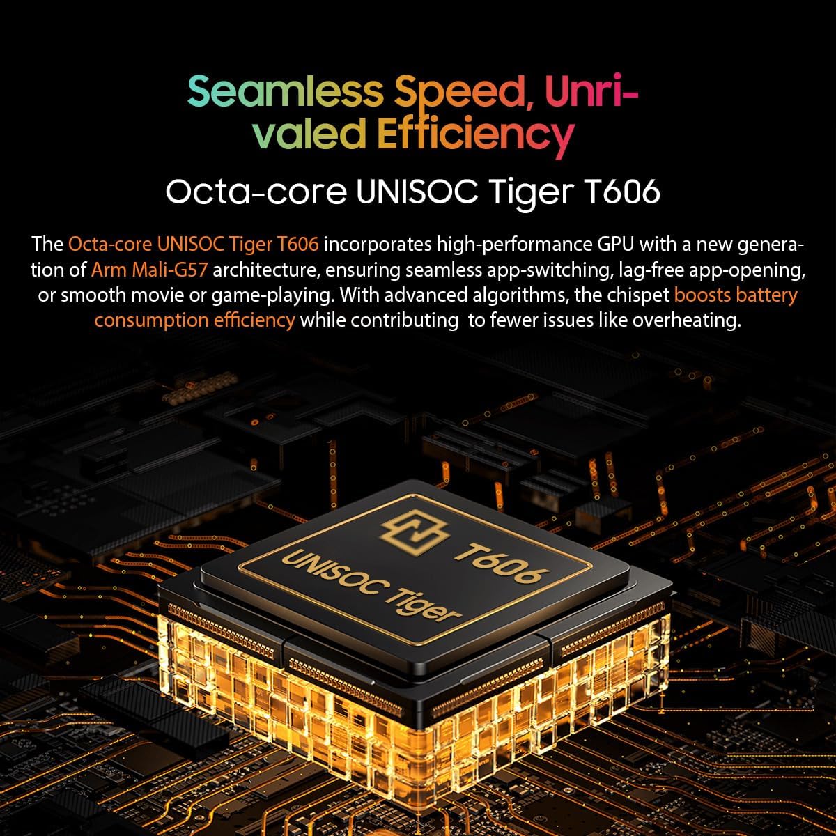 Close-up of the Unisoc Tiger T606 Octa-core processor chip