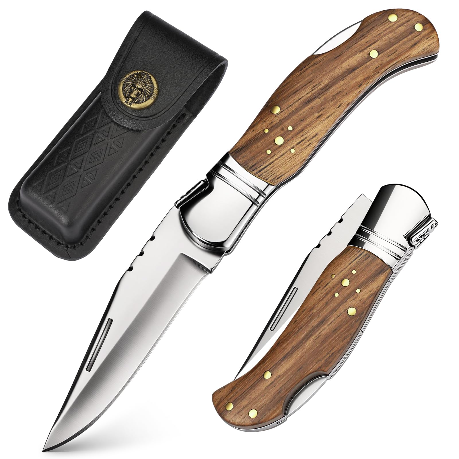 Couteau pliant QS1, couteau de poche en acier 440C avec verrouillage Lockback, poignée en bois de zébré, gaine en cuir, idéal pour le camping et les activités en plein air
