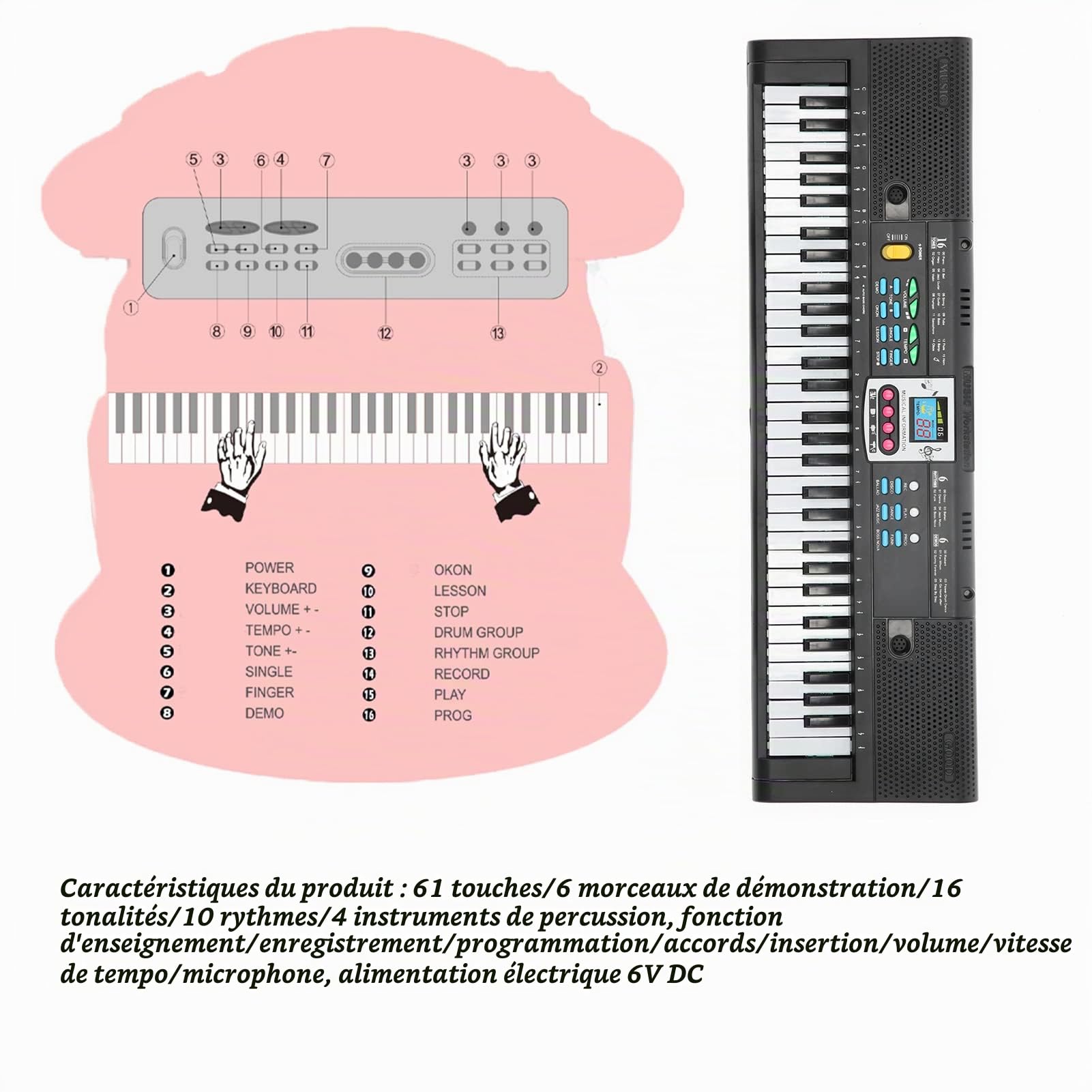 Piano électrique 61 Touches pour les Débutants avec des Caractéristiques Microphones et Polyvalentes