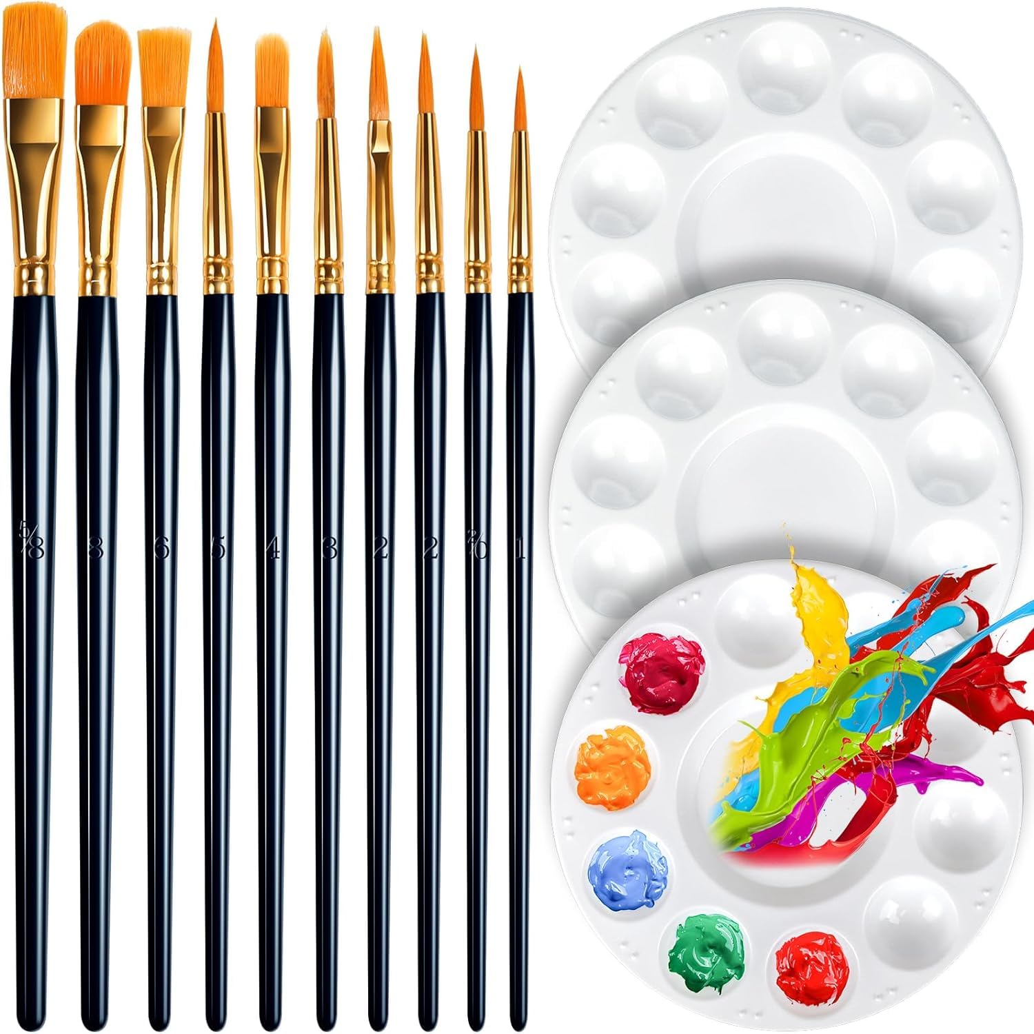 JoyzzzPaint Palette Set with Brushes, 3 PCS Plastic Paint Palettes Pallets, 10 PCS Acrylic Paint Brushes, Nylon Hair Painting Brushes for Acrylic Oil Watercolor Craft Supplies DIY Art Painting