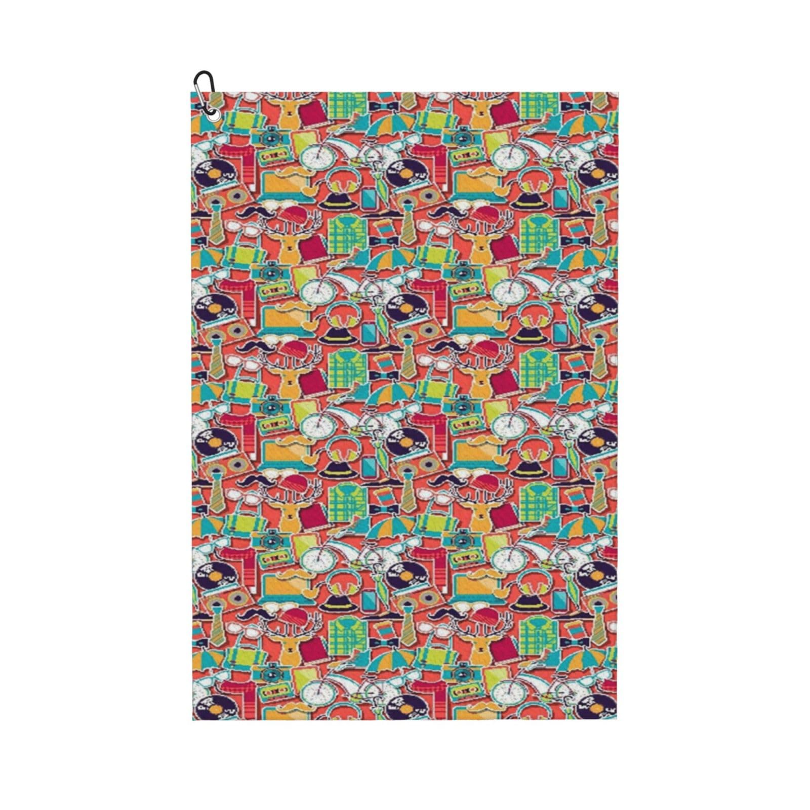 Oudrspo Funky Pattern with Various Hipster Elements Urban Microfiber Golf Towel with Carabiner Clip, 16x24 Inch Absorbent Waffle Weave Towel for Golf Bags