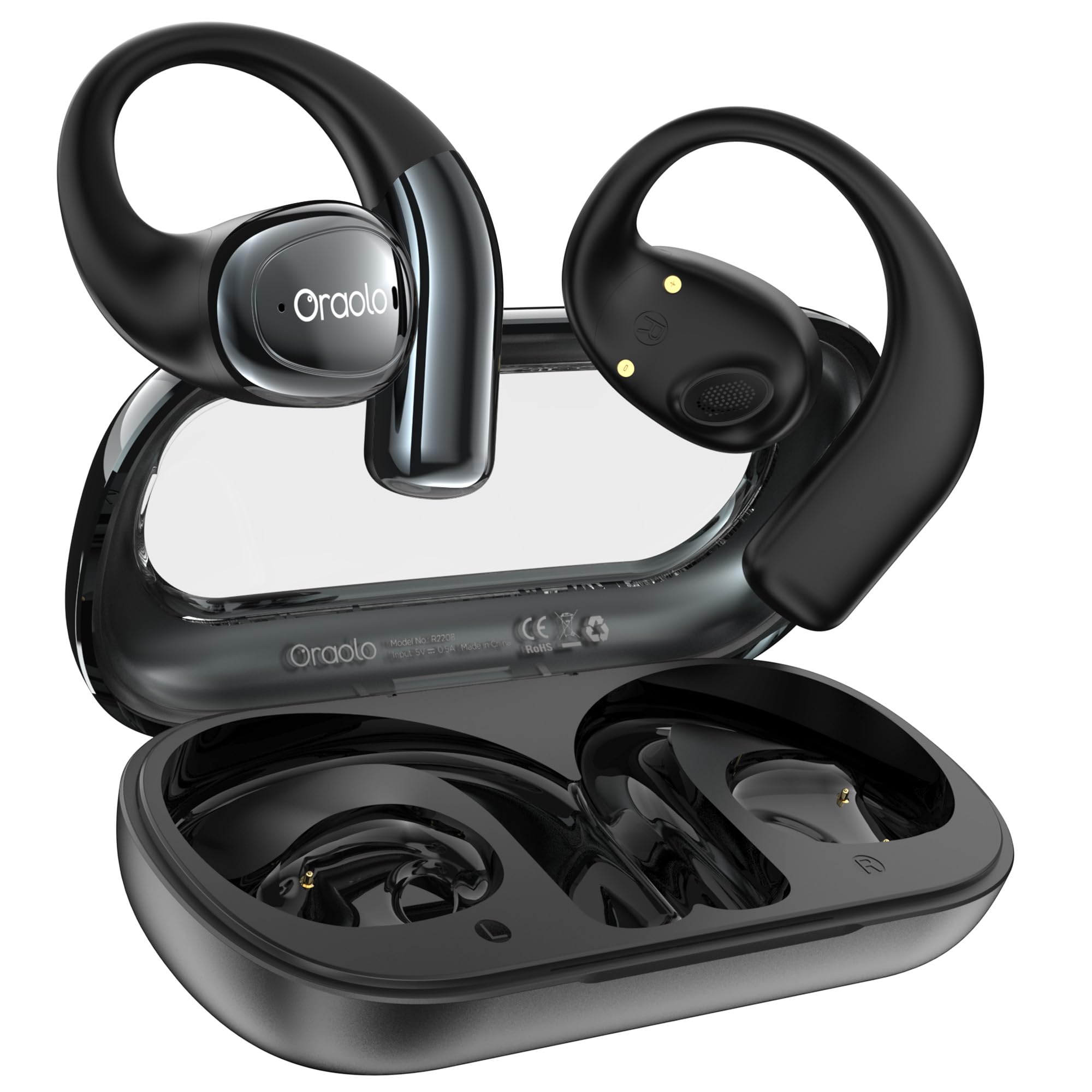 Oraolo Open Ear Headphones, Bluetooth 5.4 Wireless Earbuds with 16.2mm Large Driver, Open Ear Earbuds with AI Noise-Canceling, 32H Playtime, Water-Resistant Headphones for Outdoor (Black)