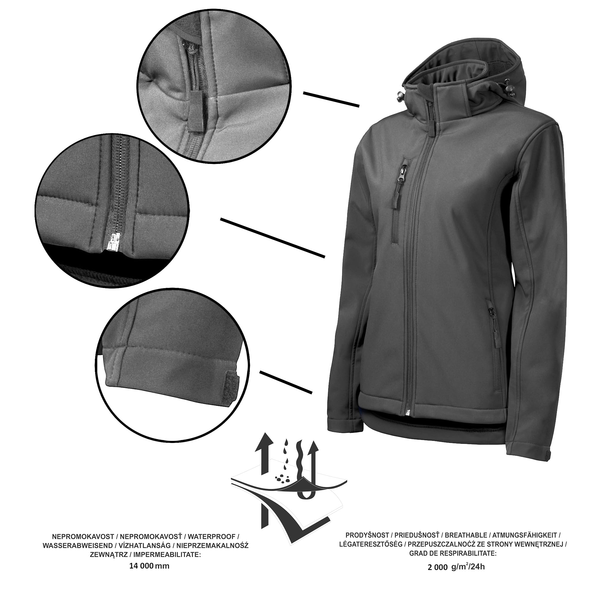 DELUNO Damen Tailliert Outdoor Softshelljacke mit Kapuze - Winddicht Funktions Regen Wasserabweisend Atmungsaktiv Jacke - Neu - Rot Blau Weis Grau - S M L XL 2XL 3XL