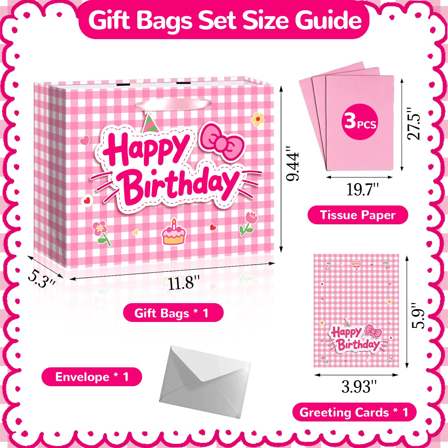 TQQBUU 12" Pink Birthday Gift Bags for Girls, with Cute Greeting Card and Tissue Paper for Party, Cat Party Favor Bag Cartoon Bag for Kids Baby Shower Party Favors Supplies, 11.8"×9.4"×5.3" - 1Pcs