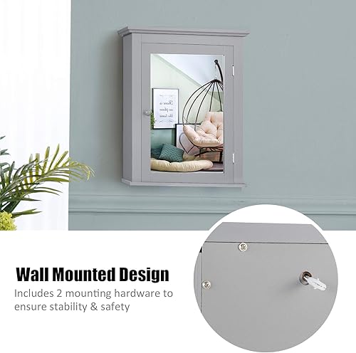 Miniatura 7 de Tangkula Armario de baño con espejo, gabinete de almacenamiento de pared con espejo con puerta única y estante ajustable en 5 posiciones, gabinete