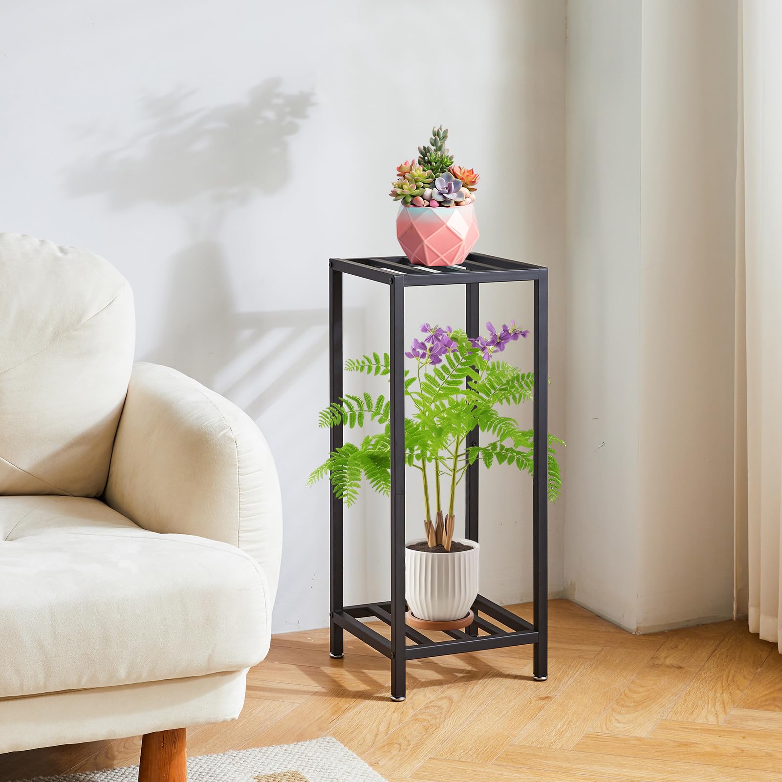 IBUYKE 2 Livelli Supporto per Piante da Interno, 76cm Alto Porta Piante in Metallo, Moderno Quadrato Porta Fiori da Interno Scaffale per Piante Porta per Giardino Balcone Soggiorno, Nero TMJ070B