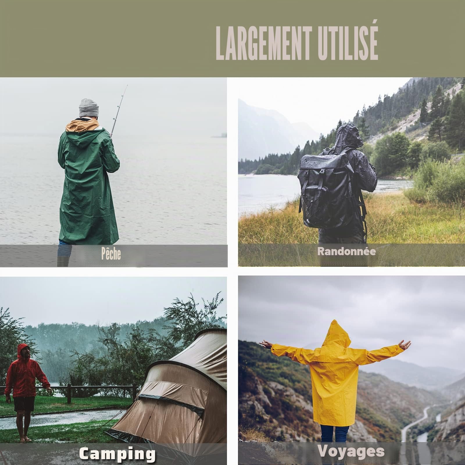 Homme Pluie Imperméable Léger avec Capuche et Manches Ripstop Respirant Multi-Usage Imperméable avec Réfléchissante Manteau de Pluie Long Impermeable