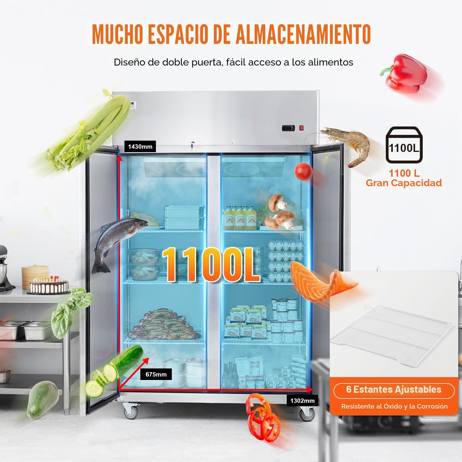VEVOR Refrigerador Comercial de 1100 L, Vertical con 2 Puertas, Acero Inoxidable, Descongelación Automática, 6 Estantes, -2~+8°C, 1314 x 850 x 2110 mm