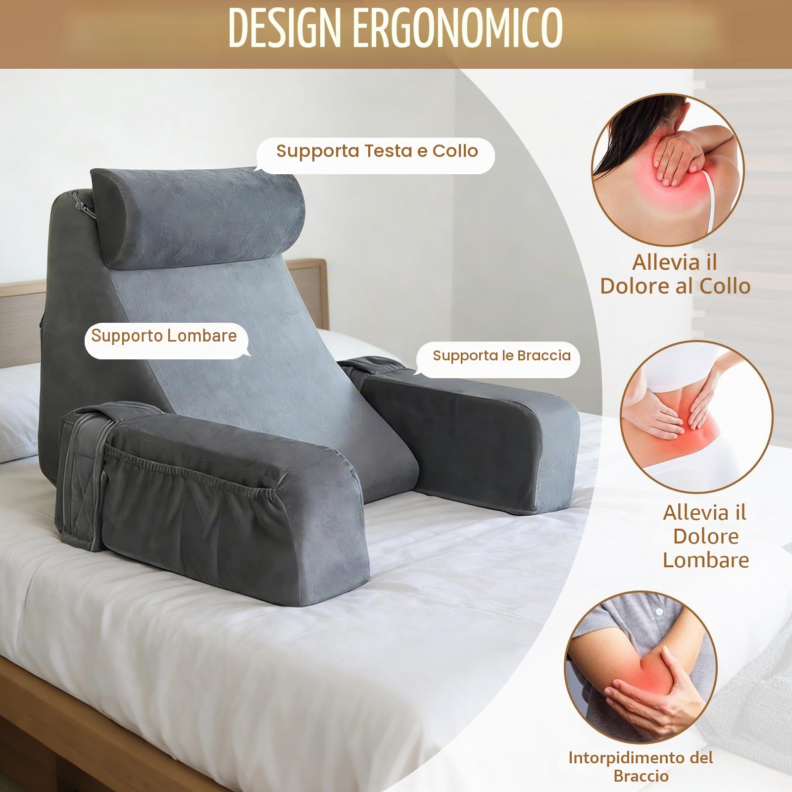 Cuscino da lettura per letto e divano, cuscino per la schiena con rullo per il collo e il bracciolo rimovibili, per adulti, cuscino di supporto per la schiena, multifunzione, per leggere