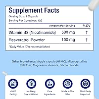 Vista 4 de Resveratrol con vitamina B3 Nicotinamida 500mg Precursor NAD+ y complejo de longevidad con forma de nicotinamida de vitamina B3 Niacina sin