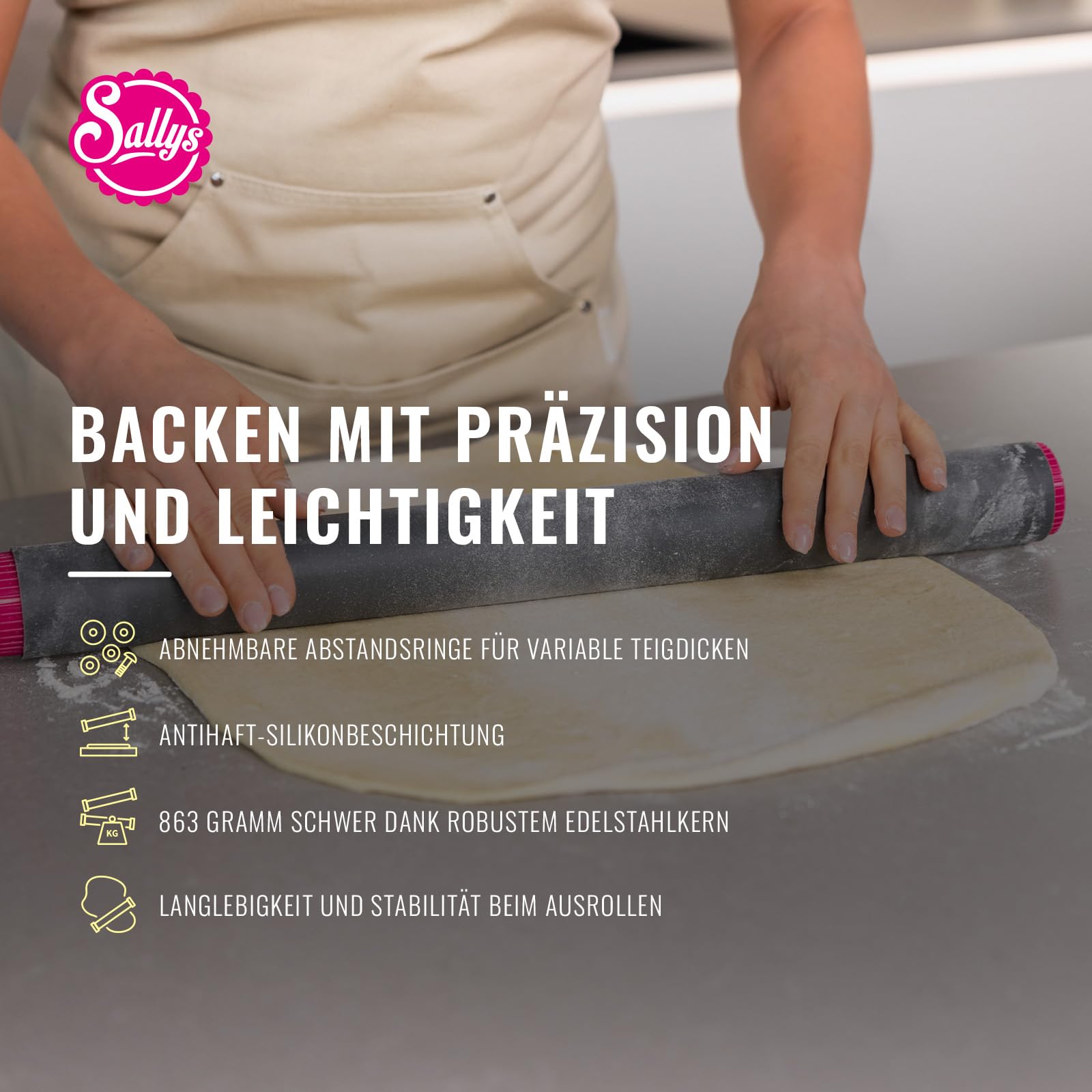 Sallys Profi Ausrollstab - 50 cm - Antihaft-Silikon & Edelstahlkern - Teigroller mit Abnehmbaren Abstandsringen - Nudelholz zum Backen