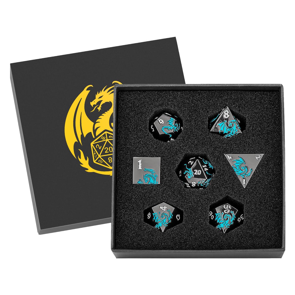 Metal Dice Set, Flat Face Black Blue Dragon Pattern, 7pcs Polyhedral Metal DND Dice Set, DND Starter Set