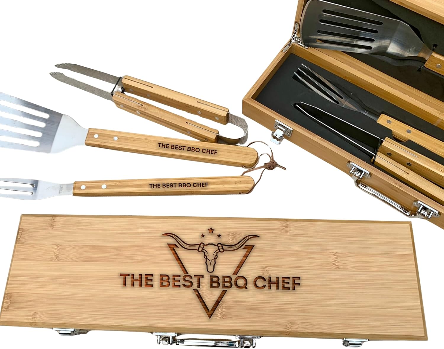 Personalized BBQ Tool Set with Custom Engraving, Bamboo Grill Utensils in Wooden Case, Custom BBQ Gift for Grill Lovers, Father's Day, Christmas Gift Set for Dad or Grandpa, 3-Piece Set