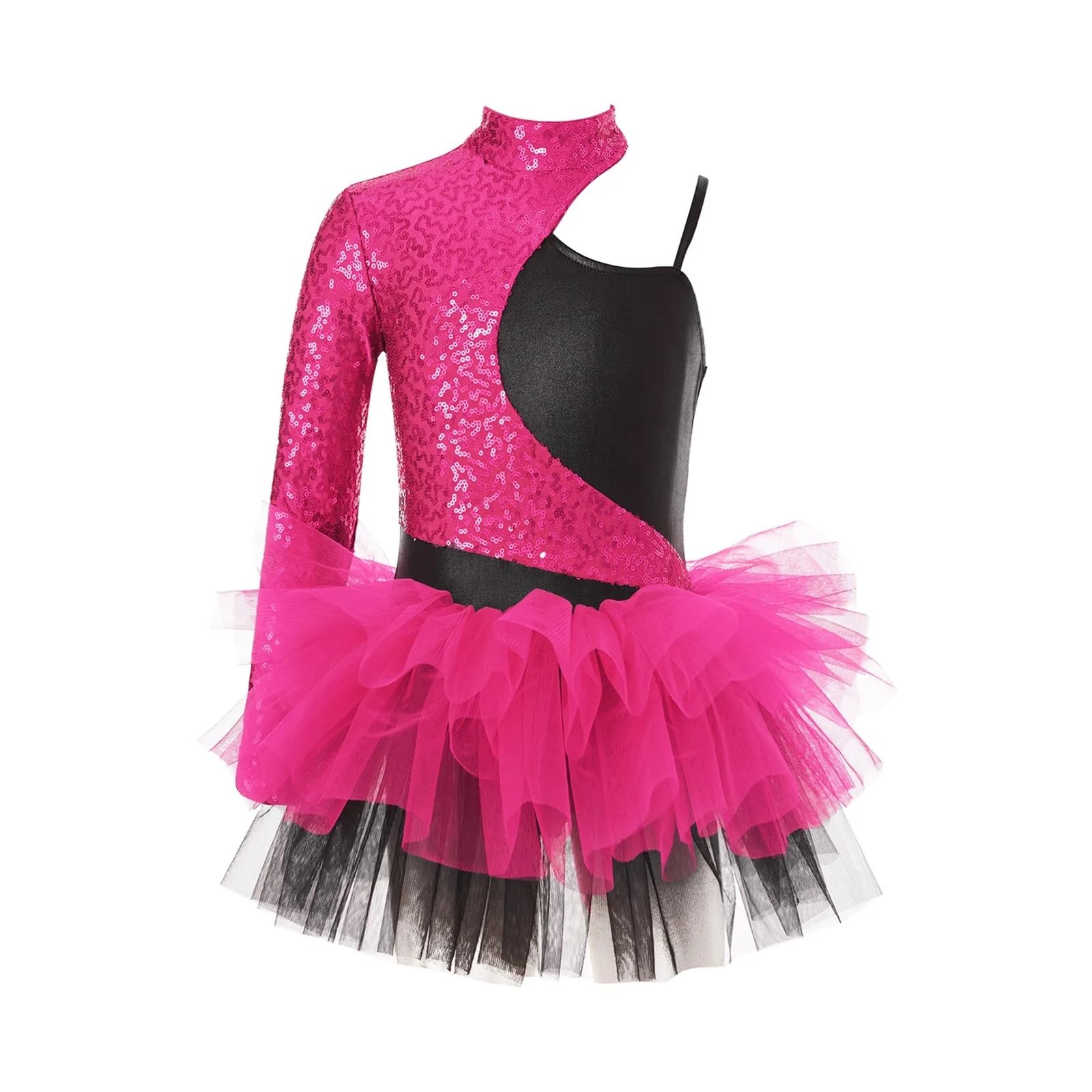 Niñas Vestido De Patinaje Vestido de lentejuelas brillantes for niñas, falda de tul con mangas asimétricas, leotardo de gimnasia, Ropa de baile for adolescentes, trajes de baile de Jazz for niños(Pink