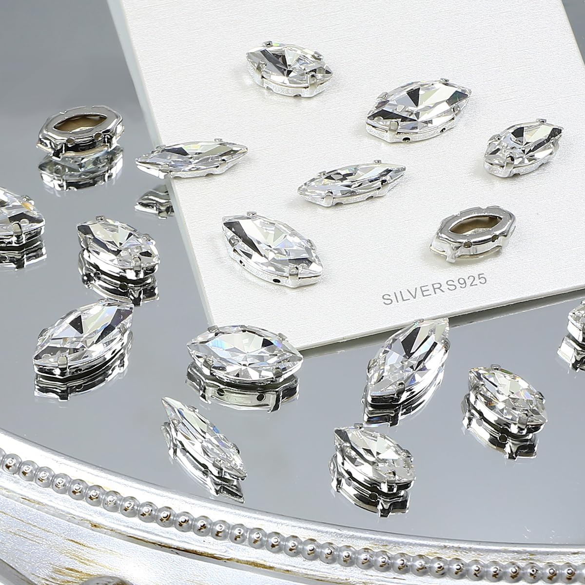 DONGZHOU Navette Shape Sew On Rhinestone with Silver Claw,48Pcs Mix Size Sewing Crystal Stone K9 Glass Gems for Clothes Shoes Jewelry Making DIY Crafts Wedding Decoration