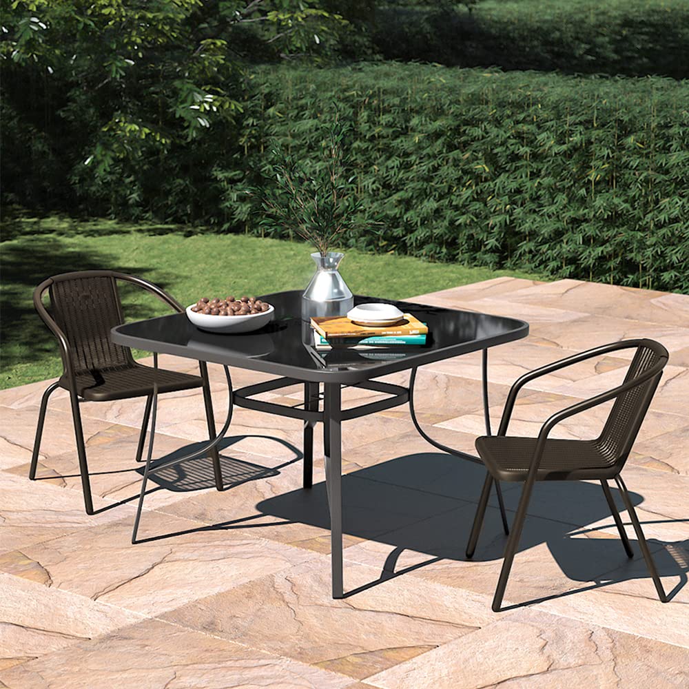 The Fellie Garden Furniture Set Outdoor Dining Table and Chairs Patio Tempered Glass Table Top with Umbrella Hole Wicker Stacking Chairs Seat（105cm Square Table+2PC Chair）