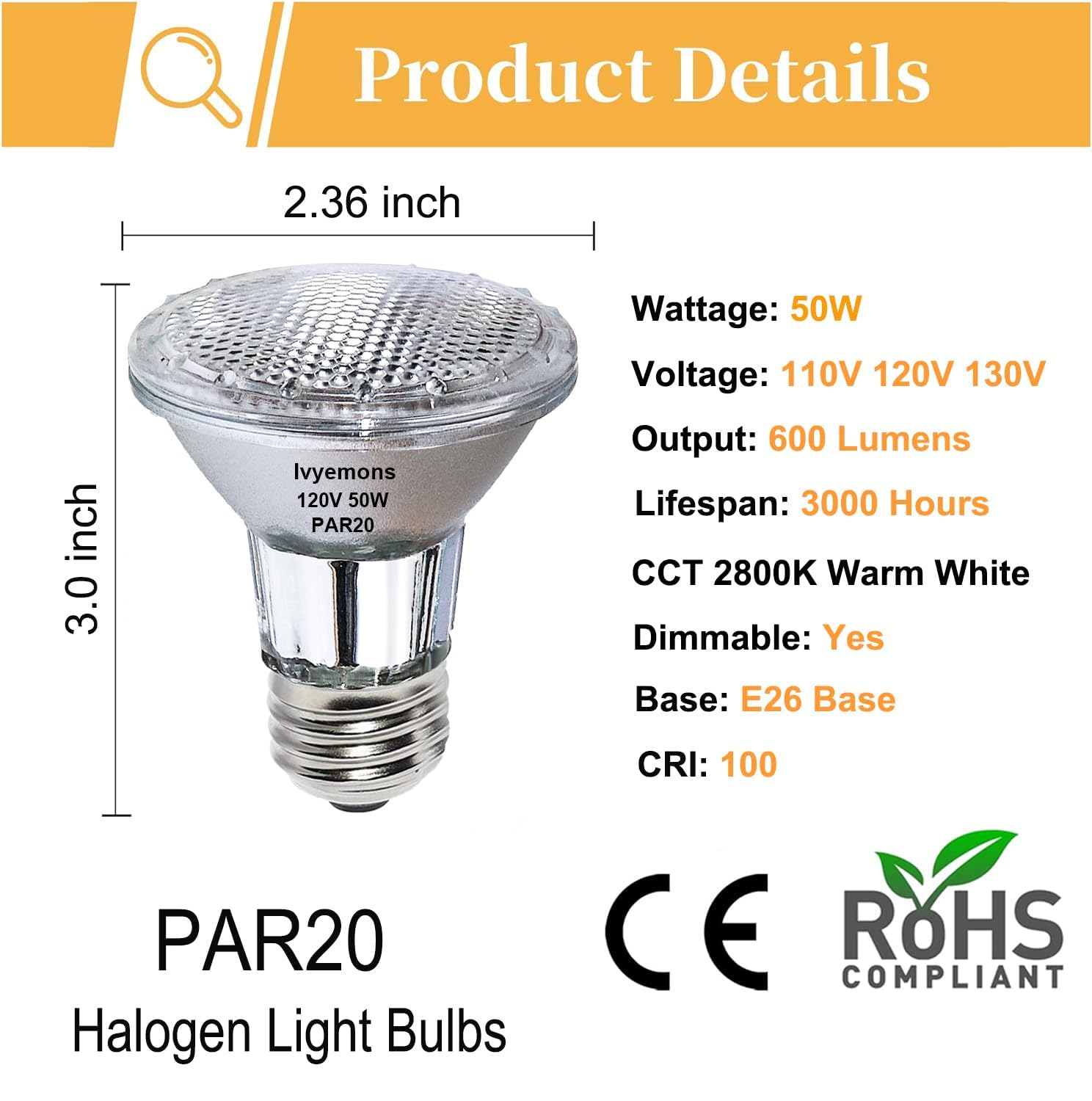 Ivyemons Halogen PAR20 50W 120V 600LM, 2 Pack High Output PAR20 Halogen Dimmable 2800K Warm White, E26 Long Lifespan 50 Watt Flood Light Bulb with CRI100 for Recessed Lighting & Hood Range Light Bulb