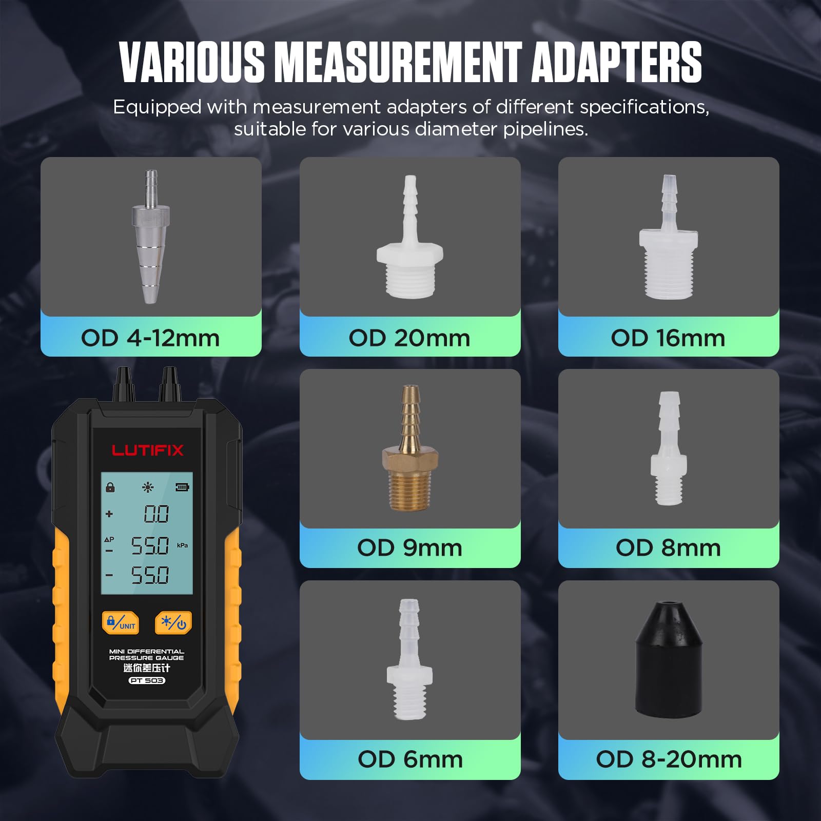 Manómetro digital de presión de aire -101-200 kPa, resolución de 0,1 kPa, probador de aire, 6 unidades, medidor de presión de aire HVAC de puerto doble diferencial, manómetro de presión diferencial