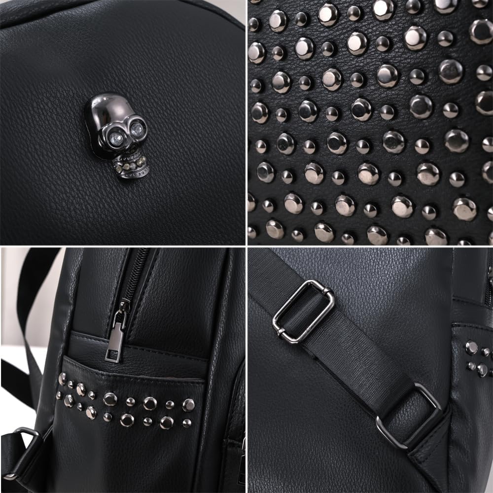 Downupdown Skull Backpacks for Women&Men PU Leather Backpack Purse Rivets Knapsack Punk Goth Bags Shoulder Bag Zip Backpack