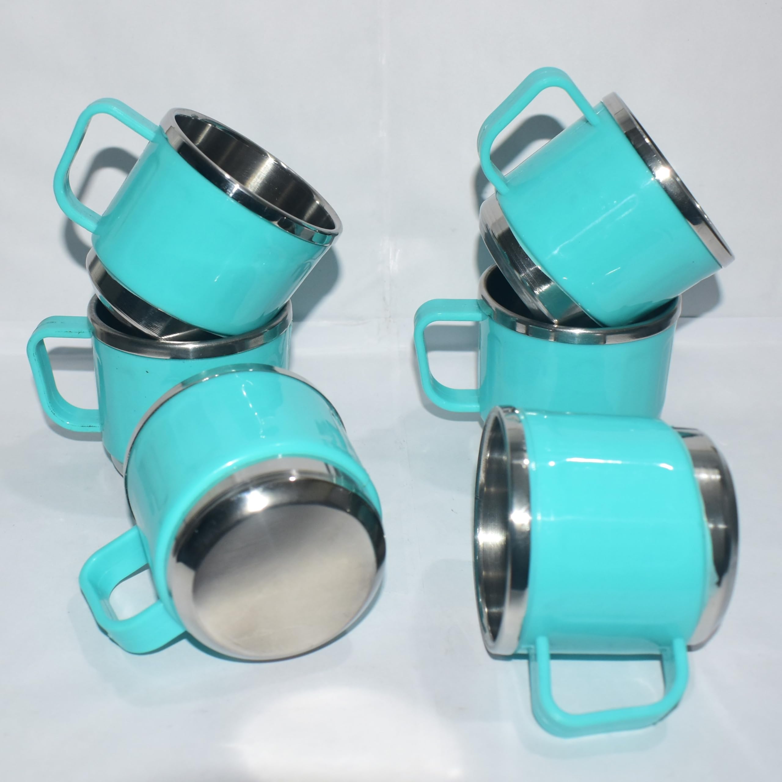 Anixa Creation Pack of 6 Stainless Steel Tea Cup Set | Steel Cups | Coffee Cups | Payali Set, Mini Cups Set of 6 | Chai ka Cup - Inner Steel Outer Plastic (Aqua Green) 2