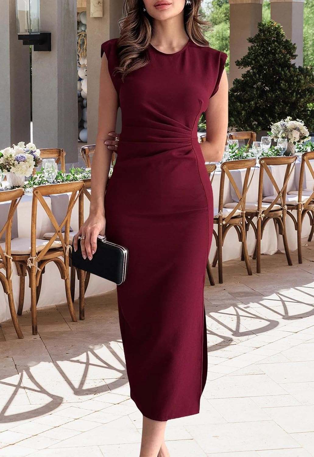 Women's Sexy Ruched Bodycon Midi Dresses Elegant Sleeveless Round Neck Split Party Dress - Image 6