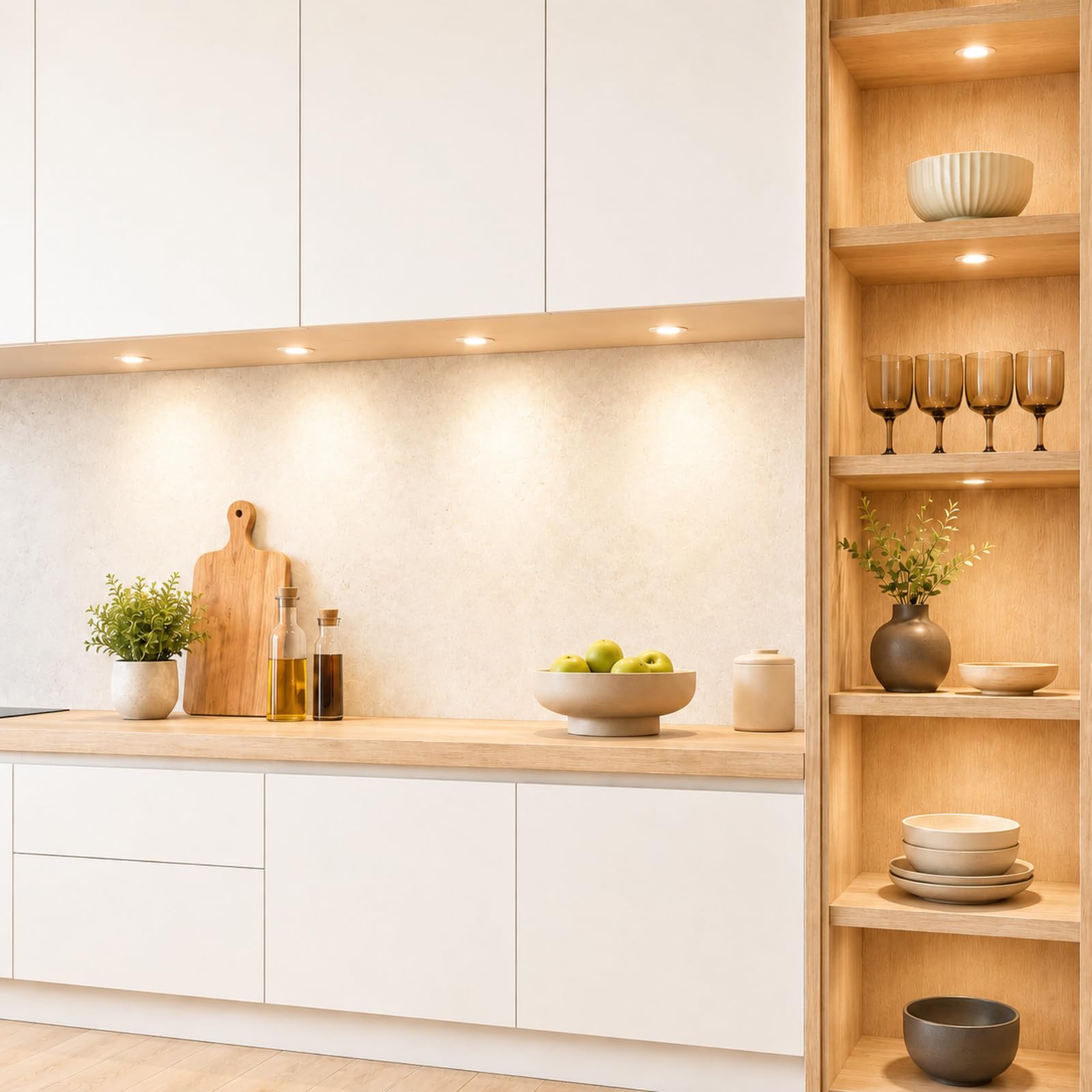 4er Set LED Einbauleuchte Emma 12V 3W Warmweiß 3000K | Ultra flach Ø65mm Einbaustrahler IP20 für Möbel, Küche & Schrank | Mit Plug-and-Play Trafo, Mini-Verteiler & 230V Zuleitung mit Eurostecker