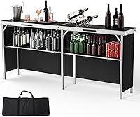 VINGLI 78" Foldable Portable Bar Table with 3-Tier Storage & Black Skirt - Perfect for Parties, Events, Camping, Picnics