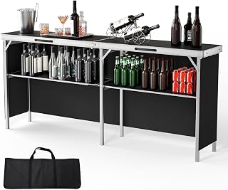 VINGLI 78" Foldable Portable Bar Table with 3-Tier Storage & Black Skirt - Perfect for Parties, Events, Camping, Picnics