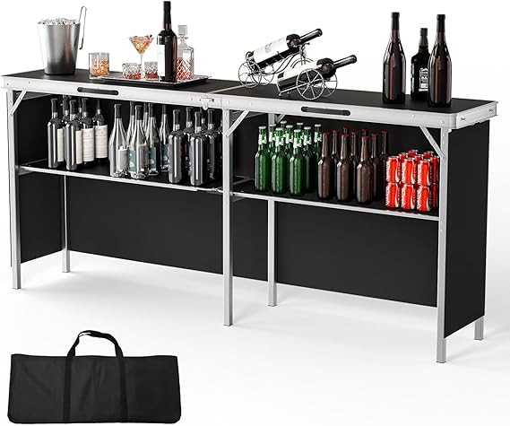 VINGLI Portable Bar Table, 3-Tier Shelves, Mobile Bar Table For Events Party Camping Picnic Tradeshow Indoor With Black Skirt VINGLI Portable Bar Table, 3-Tier Shelves, Mobile Bar Table For Events Party Camping Picnic Tradeshow Indoor With Black Skirt