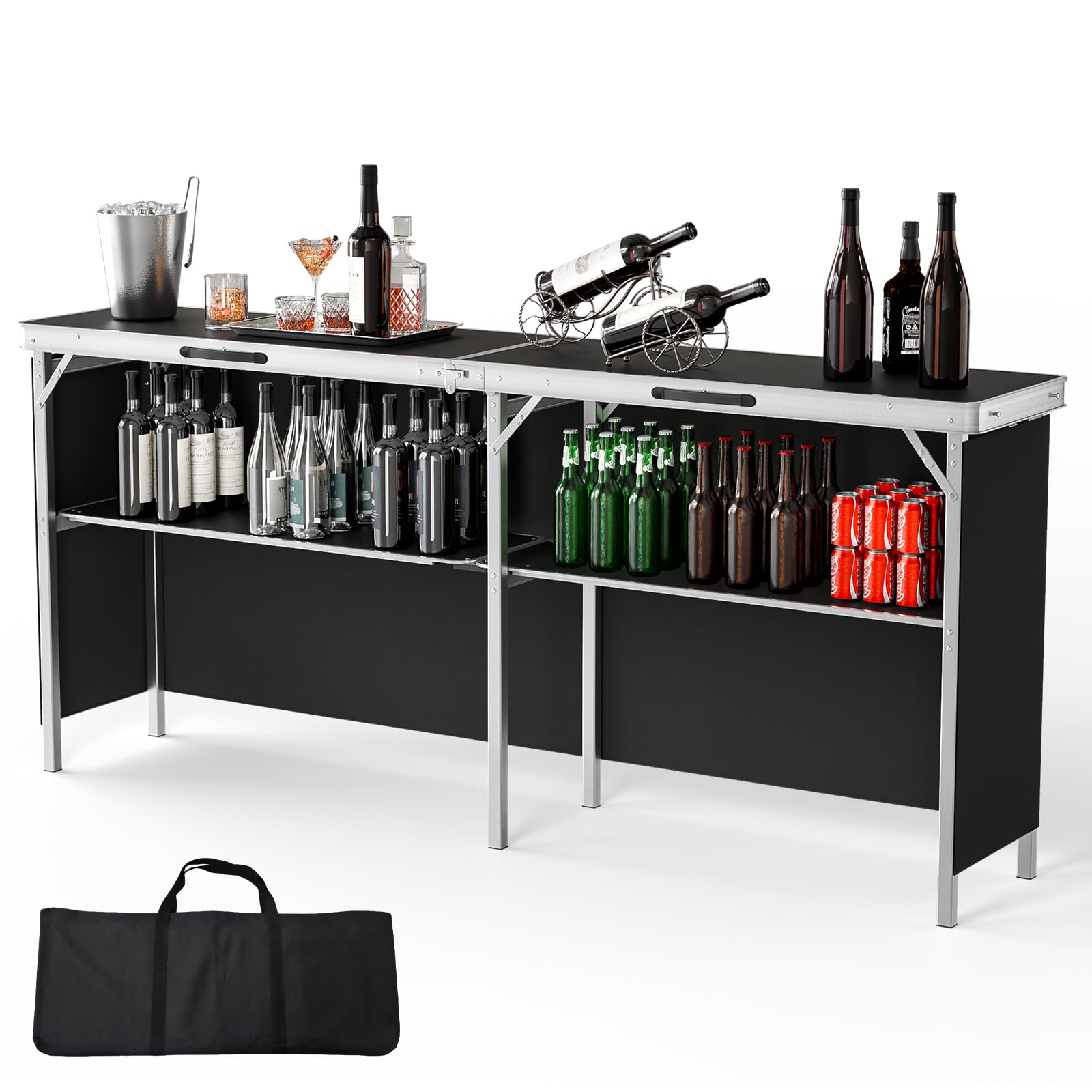 Bonnlo Campingtisch aus Aluminium, 2-stufige Ablage mit Oxford-Stoff, Outdoor Bartisch Klappbar, Leicht & Tragbar, inkl. Tragetasche, 198 x 38,5 x 87cm, bis 50kg, für Camping, Garten, Party & Picknick