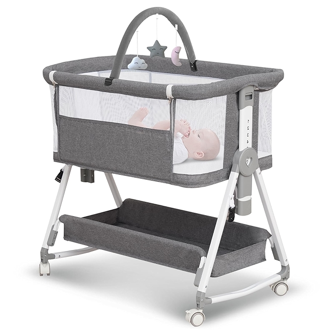 三合一可折叠婴儿摇篮，带悬挂玩具及储物篮，适合床边使用（浅灰色）