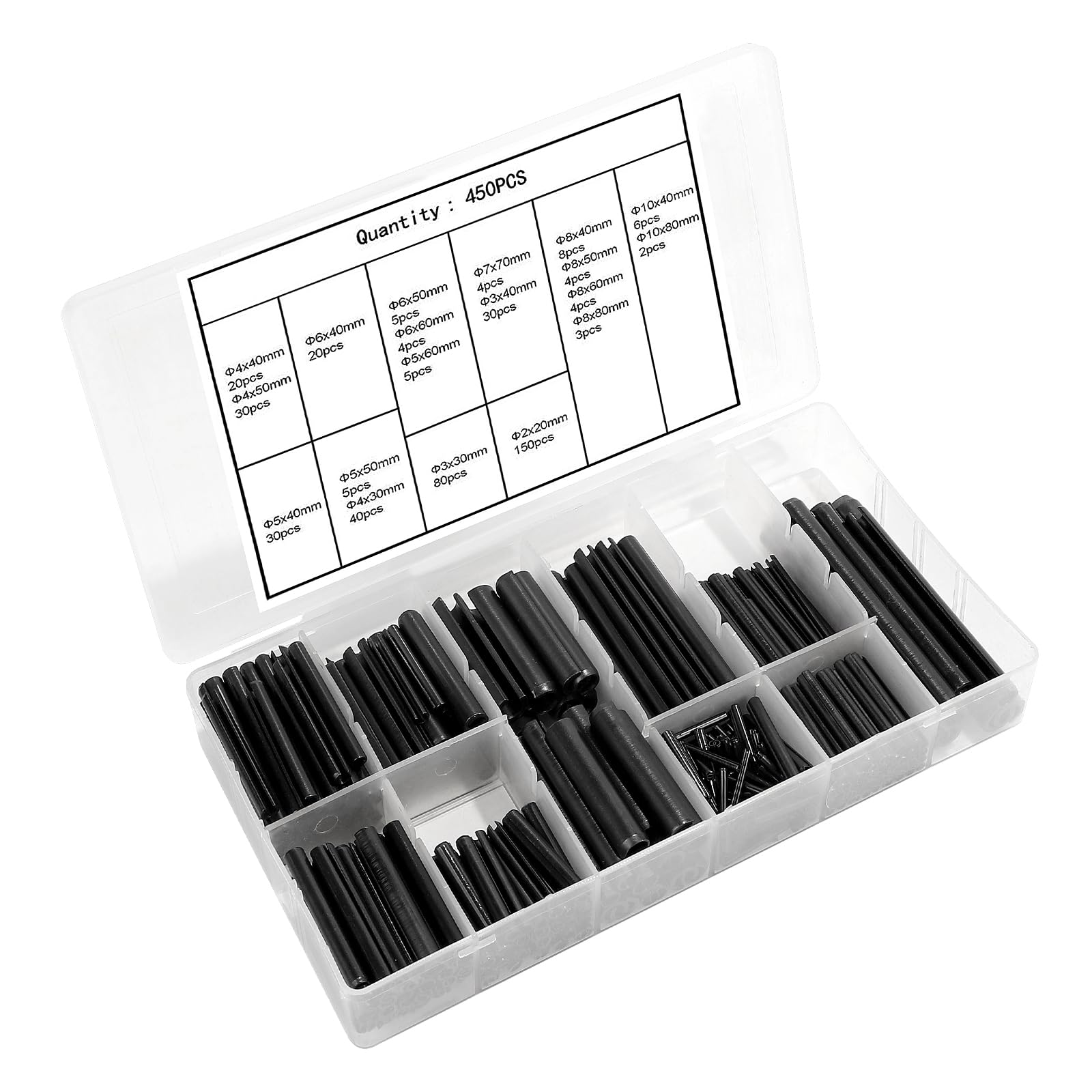 450 Pezzi Spine Elastiche Acciaio Inox, 19 Dimensioni Perno di Tensione a Molla Nero Ø 2.0-10mm, con Scatola di Plastica
