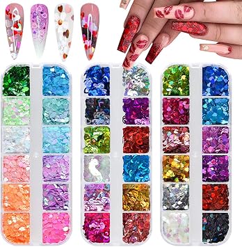 36 Colors Heart Glitter Nail Art Sequins EBANKU Holographic Heart Shaped | Nail Sequin Laser Heart Nail Flake Glitter Decals for Valentines Day Face Eyes Nail Decoration DIY Craft 3 Boxes