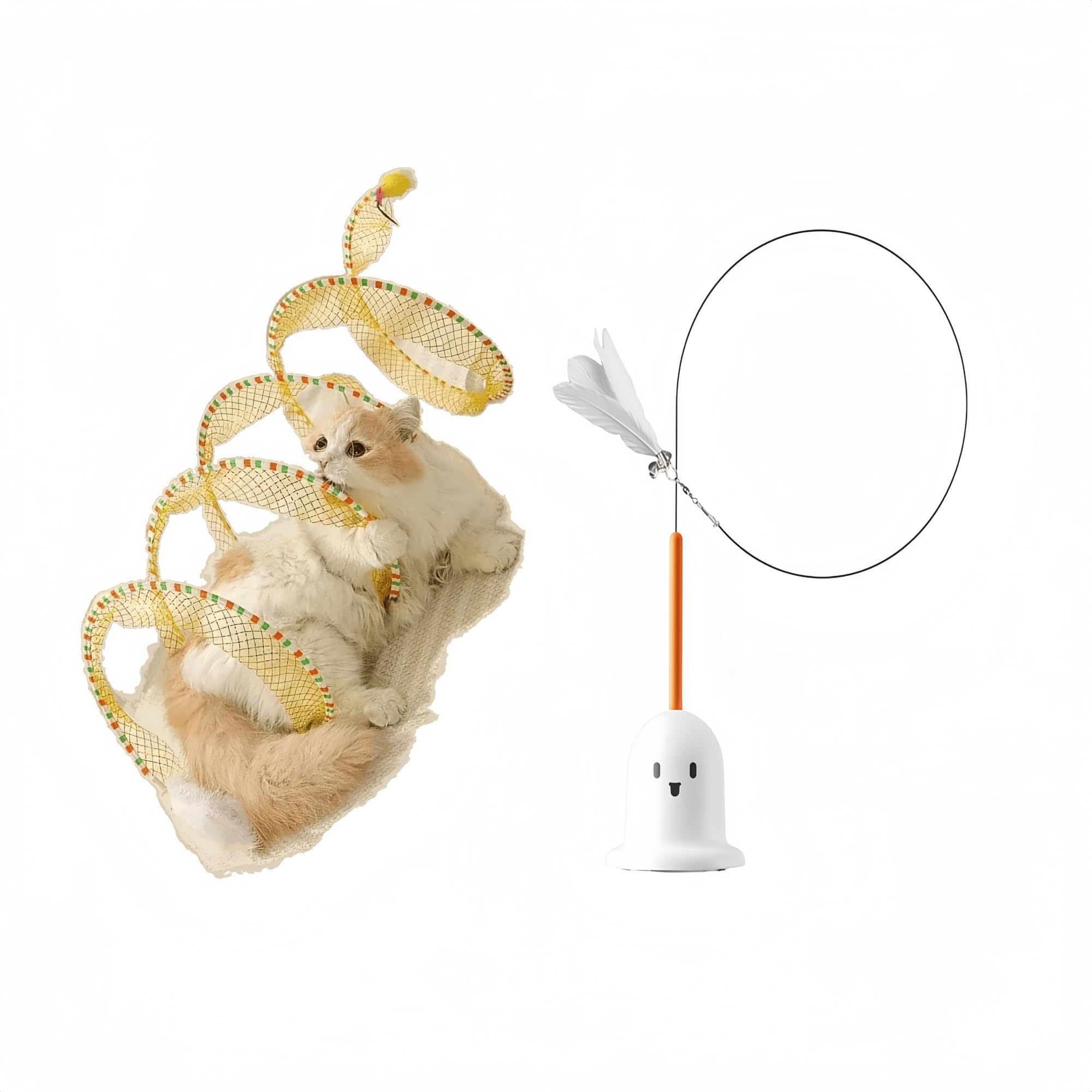 Cat Tunnel and Interactive Teaser Wand Set, White And Yellow