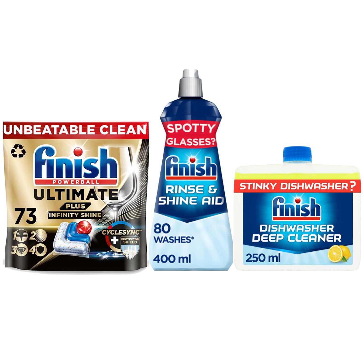 Finish Ultimate Plus Infinity Shine Dishwasher Bundle – 73 Tablets, 400ml Rinse Aid, & 250ml Lemon Dishwasher Cleaner