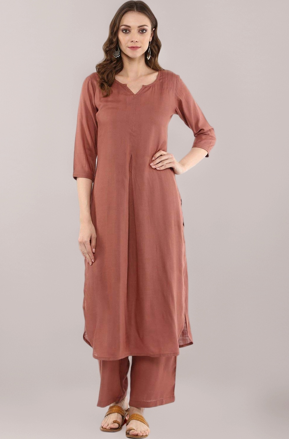 idaLia Rayon Solid Straight Brown Kurta Set for Women with Palazzo 3/4 Sleeve, Round V Neck Designer Kurta with Palazzo Pant Set