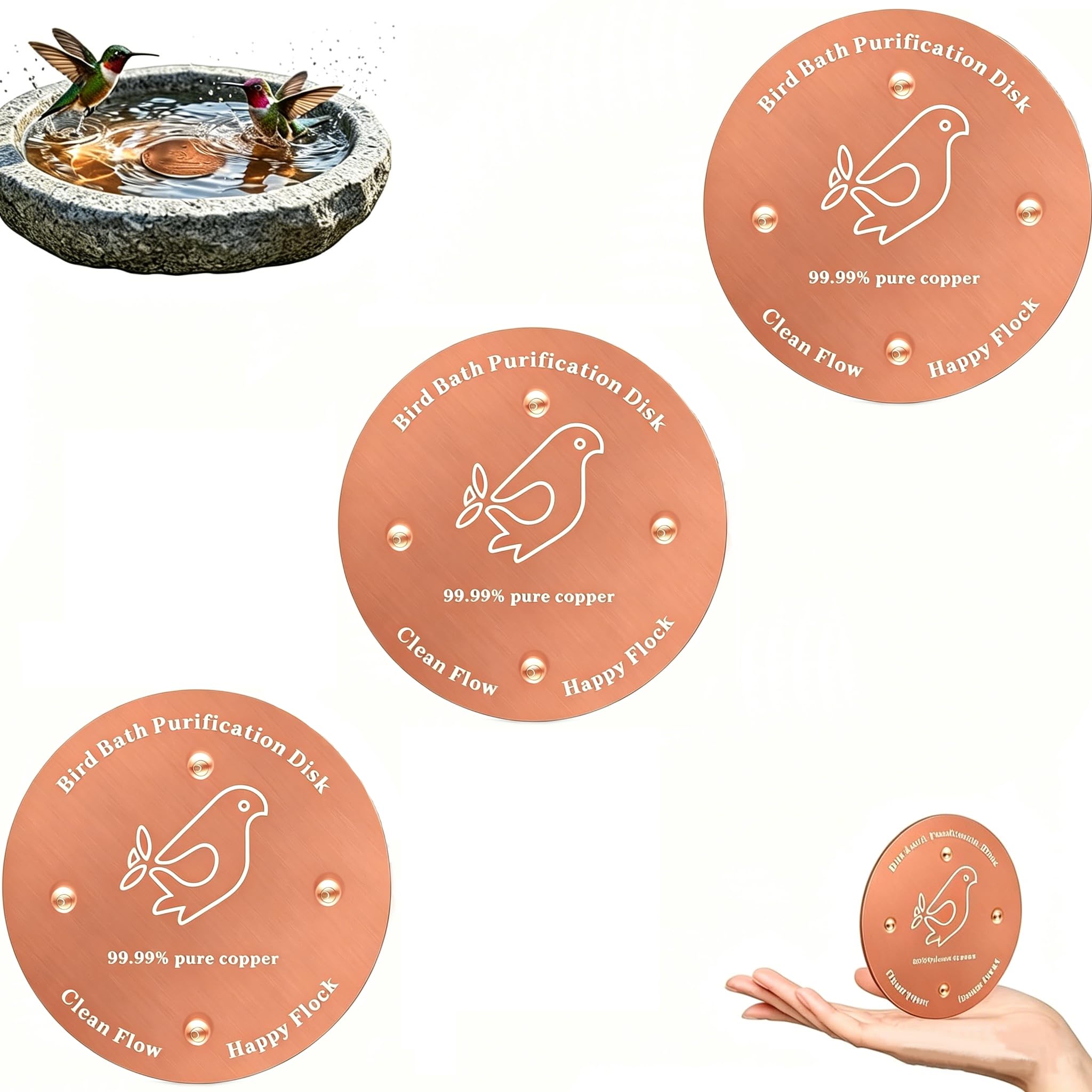 Elvyyn 3 Pcs Copper Water Disk for Birdbath, Pure Metal Maintenance Accessory, Outdoor Fountain Cleaner Tool, Garden Bowl Water Care Plate, 10 x 10 cm