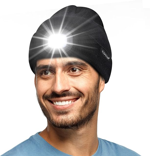 Beanie Hat with Light Rechargable Headlamp Torch Unisex Winter Beanie Christmas Men Women Gift LED 3 level Brightness Hand Free Lighted Hat for Night Walking, Running, Camping, Dog Walking.