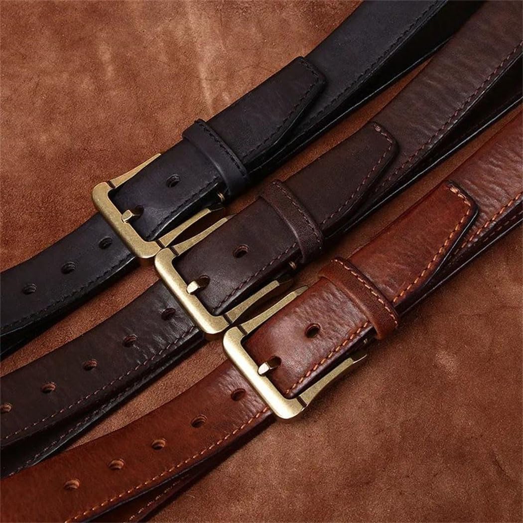 Men's Wide Leather Belt - 3.8 cm Solid Cowhide with Brass Buckle, Western Design