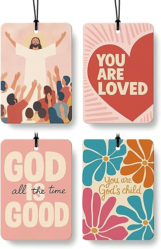 Miniatura 8 de Ambientador retro cristiano para automóvil, 4 piezas, aroma de coco, accesorios de coche de fe religiosa, decoración de espejo para mujeres, fresa,